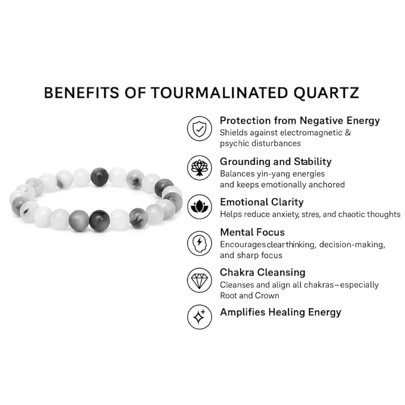 Black Rutilated Bracelet, Natural Healing Crystal Bracelet for Women and Men, 8mm Round Beaded Bracelet for Spiritual, Protection, Positive Energy, Elastic Adjustable Size Gemstone Bead Bracelet