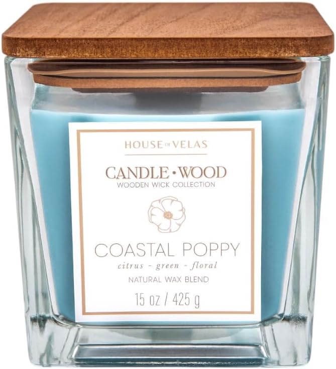 Candle Wood Collection, 15 oz, 1 Wooden Wick, Coastal Poppy, Square Glass Jar Candle