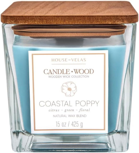 Candle Wood Collection, 15 oz, 1 Wooden Wick, Coastal Poppy, Square Glass Jar Candle