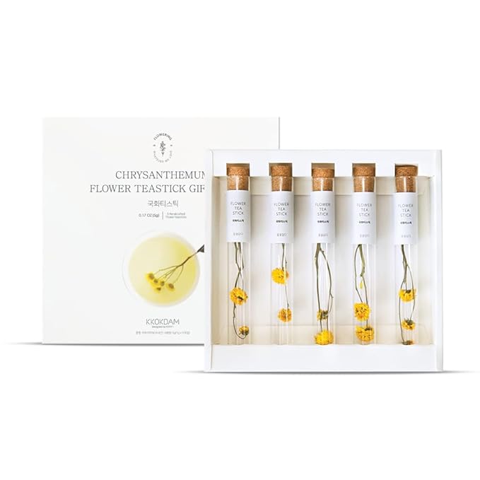 KKOKDAM Tea Gift Set - Chrysanthemum Blooming Tea Flowers - Fancy Korean Gifts For Teas Lovers - 5 Premium Flower Sticks