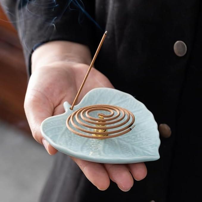 2-Style Ceramic Incense Burner, Bodhi&Ginkgo Leaf Design, Ceramic Incense Holder for Sticks with Ash Catcher&Built-in Stand, Zen Meaning Decor for Home, Office&Yoga/Sage/Cone(Brown and White)