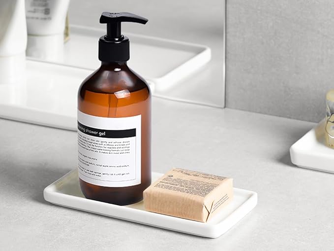 Gurygo 6" Small Ceramic Bathroom Tray for Kitchen Counter - Rectangle Ceramic Sink Tray for Bathroom Counter - Porcelain Dispenser Organizer for Kitchen Bathtub Counter, White