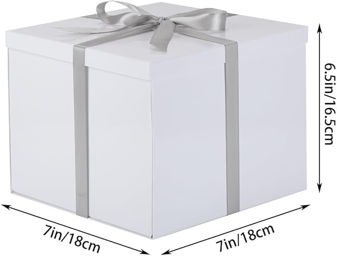 Gift Box with Lid 7x7x6.5 Inches, White Gift Boxes for presents Packaging for Birthdays, Valentine's Day, Christmas, Anniversaries (Include Shredded Paper Fill, Envelope Card Ribbon)