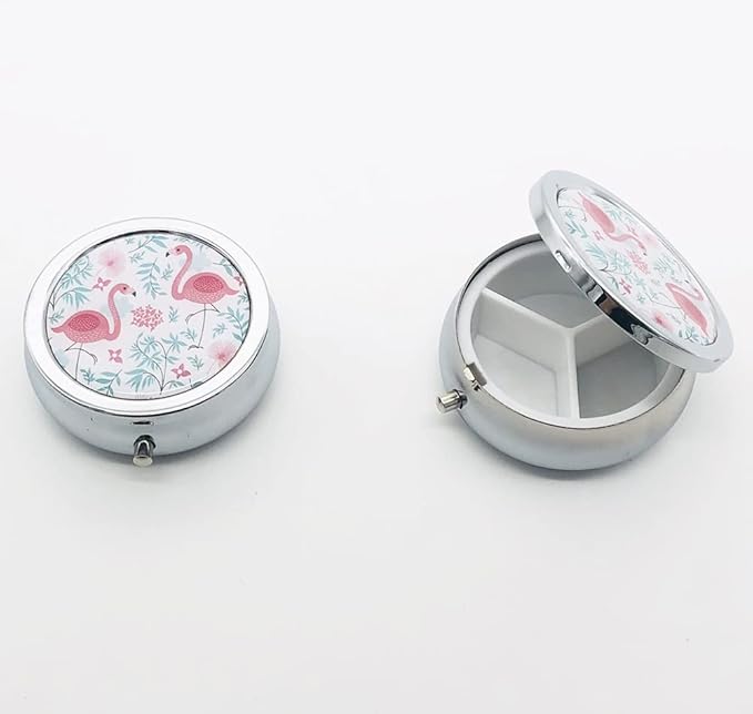 A Pink Flamingo Pill Box Purse Pocket Small Round Silver Pill Case Decorative Box Metal Medicine Vitamin Pill Organizer Portable Unique Gift