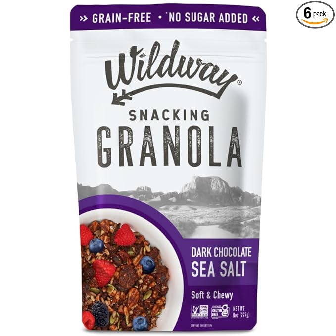 Wildway Keto Granola | Dark Chocolate Sea Salt | Grain-Free Certified Gluten-Free Cereal | Vegan, Low Carb | No Sugar Added | Paleo-Friendly, Non-GMO Fruit & Nut Clusters | Nutrient-Rich | 8oz, 6 Pack