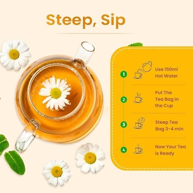 Goodwyn Chamomile Herbal Tea – 100 Count Tea Bags | Herbal Tea with Caffeine-Free Dried Chamomile Flowers & Real Petals | Plastic-Free Individually Wrapped Bags | Travel-Friendly | Aromatic, Soothing | Natural Indian Origin Tea