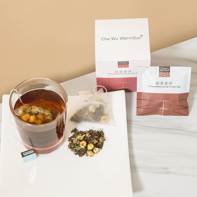 ChaWuWarmSun Chrysanthemum & Puerh Tea Bags,16 Tea bags,8 Count/Box(Pack of 2),Natural Chrysanthemum Tea Buds with Royal Puerh Tea Loose Leaf