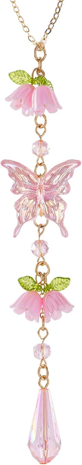 Butterfly Crystal Car Rearview Mirror Charm - Pink Lily of The Valley Flower Beaded Pendant, Elegant Hanging Cars Interior Decor Ornament & Accessories, for Women