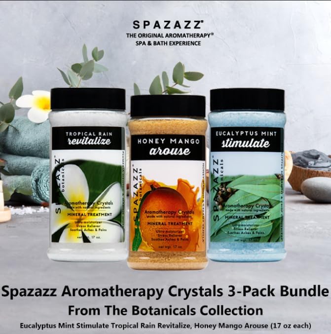 Spazazz Hot Tub Aromatherapy Bath Salt Crystals 3-Pack Bundle - Eucalyptus Mint Stimulate - Tropical Rain Revitalize - Honey Mango Arouse - Botanicals Collection Scents for Relaxing in Spas (17 oz)