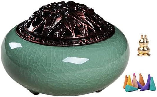 Ceramic Incense Burner Set with Brass Gourd Holder, Smudging Bowl for Incense Sticks, Cones, Sage, Frankincense & Palo Santo, Portable Ash Catcher for Home, Meditation, Yoga and Gift Giving (09)