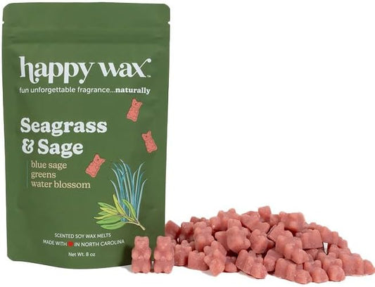 Happy Wax Seagrass & Sage Scented Bear Wax Melts - Natural Strong Scented Summer Wax Melts Infused w/Essential Oils - Non Toxic Wax Melt & Pet Safe Wax Melts - (4 oz Tin)