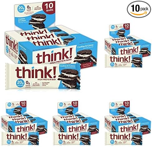 think! Protein Bars, High Protein Snacks, Gluten Free, Sugar Free Energy Bar with Whey Protein Isolate, Cookies and Crème, Nutrition Bars without Artificial Sweeteners, 2.1 Oz (10 Count) (Pack of 5)