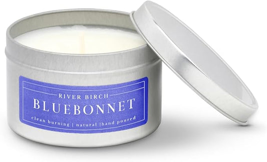River Birch Premium, All-Natural, Non-Toxic Soy Wax Candle | Bluebonnet Scented | 8 oz. Silver Travel Tin | Cozy Relaxing Gifts for Home