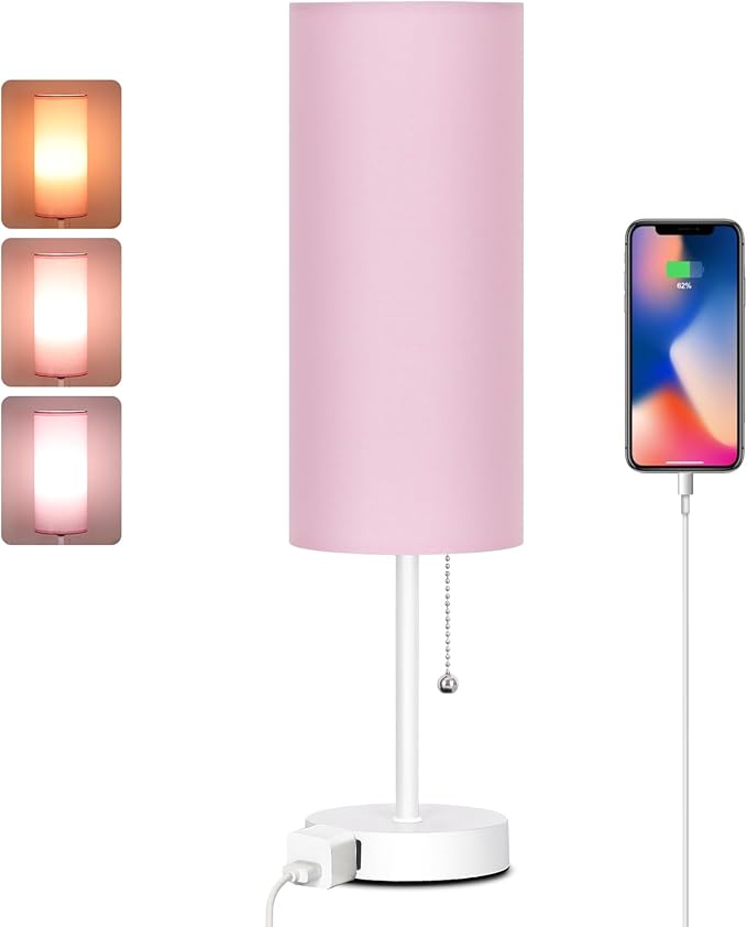 Dott Arts 18" Table Lamp for Bedroom, 3-Color Bedside Lamps with Pull Chain, Bedroom Table Lamps for Nightstand,AC Outlet Small Lamp for Living Room, Bulb Included Pink