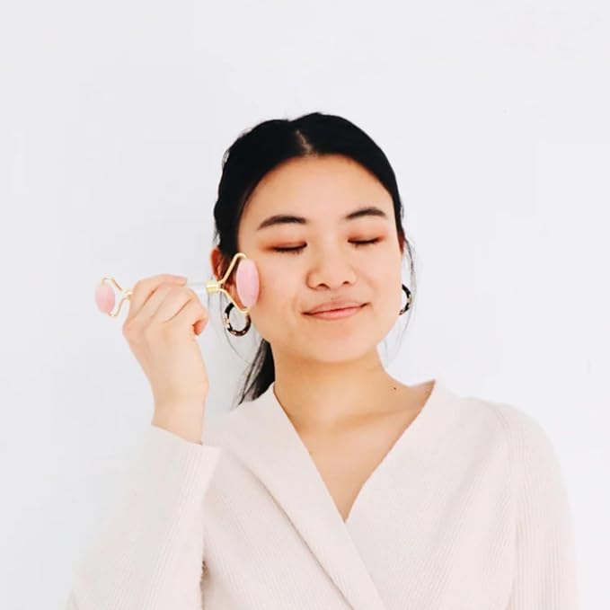 Mei Apothecary Rose Quartz Facial Roller, Authentic Face Roller for Puffiness, Depuffing Eye Roller & Face Massage Tool