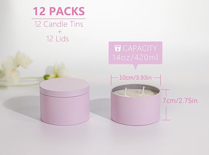 Candle Tins with Lids, 3-Wick Jars 14oz/420ml - 12 Pack Seamless Bulk Containers for Candle Making - Pink