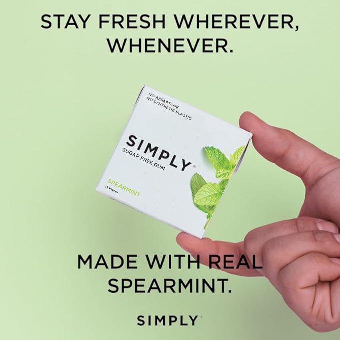 SIMPLY Gum | Dental Gum | Xylitol Chewing Gum - Sugar Free | Spearmint | Pack of Six (90 Pieces Total) | Synthetic Plastic Free + Sugar Free + Aspartame Free