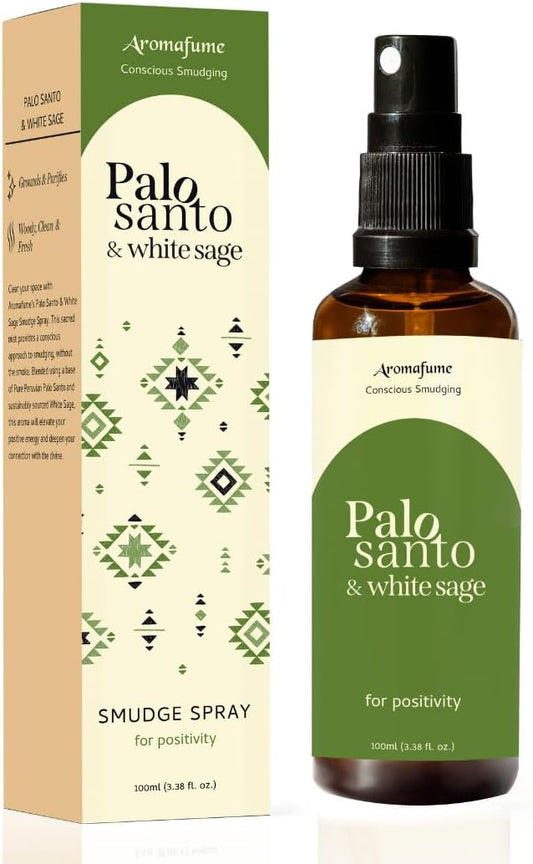 Palo Santo & White Sage Smudge Spray by Aromafume | 1 x 100ml / 3.38 fl oz l Aromatherapy | With Essential oils | Room Linen Spray | Natural Air freshners for home | Spiritual Meditation Accessories