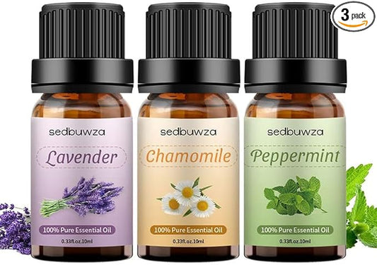 Sedbuwza 3 Pack Lavender Peppermint Chamomile Essential Oil 100% Pure and Natural Aromatherapy Gift Oils for Massage, Diffuser, Soaps, Candle