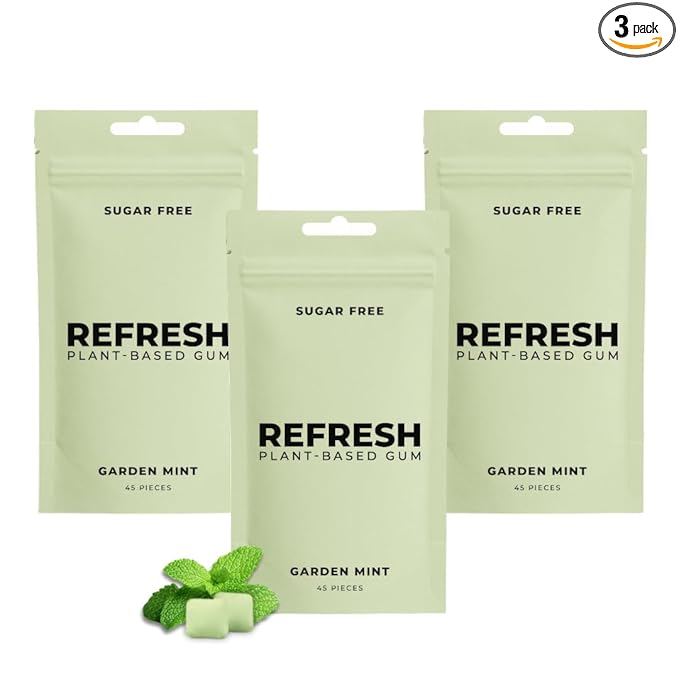 Refresh Gum Garden Mint – Xylitol, Sugar Free Chewing Gum Pouches, Natural Flavor & Organic Ingredients – Aspartame Free, Plant-Based, Non-GMO – 45 Pieces Each, 3 Pack