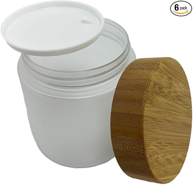 Empty Bamboo Lid Jar 8oz/250g,Refilable Plastic Round Cosmetic Containers for Powder,Body Butter,Cream,Lotion,Wide Mouth Makeup Sample Storage Pot Dispenser(Frost)