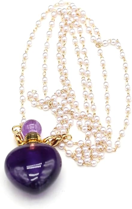 1pcs Natural Amethyst Stone Perfume Bottle Pendant Pearl Bead Chain Rectangle Heart Necklace for Women Jewelry Free Accessory Glasses