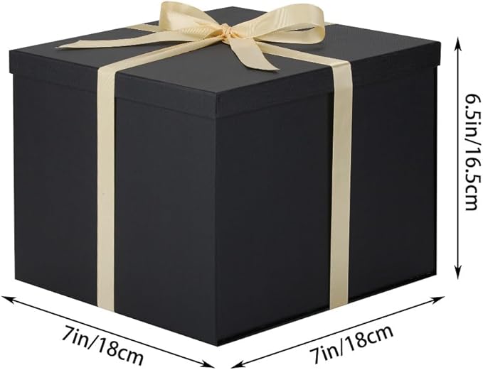 Gift Box with Lid 7x7x6.5 Inches, Black Gift Boxes for presents Packaging for Birthdays, Valentine's Day, Christmas, Anniversaries (Include Shredded Paper Fill, Envelope Card Ribbon)