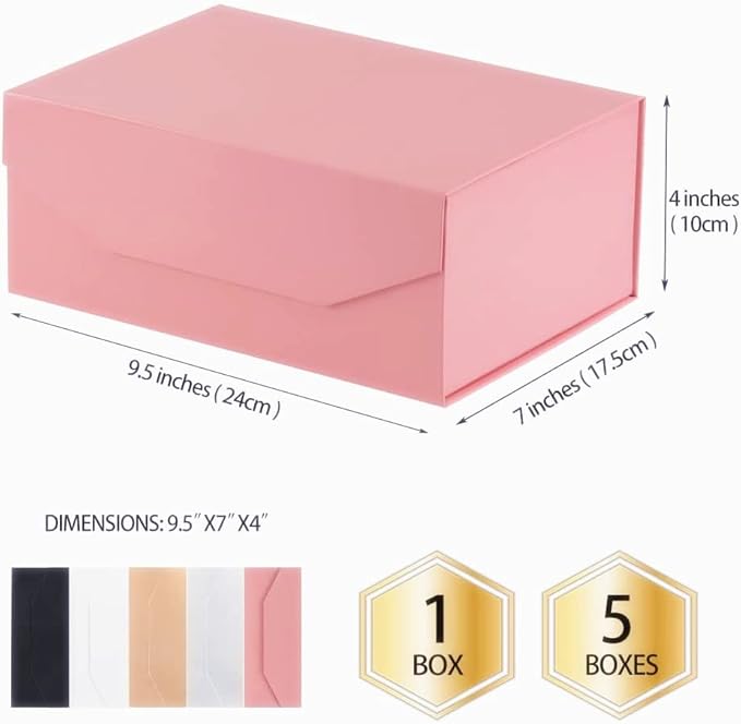 1PCS Pink Gift Box with Ribbon 9.5x7x4 Inches，Sturdy Gift Box with Lid for Gift Packaging, Foldable Magnetic Closure Storage Boxes, Bridesmaid proposal box, Rectangle Collapsible Box