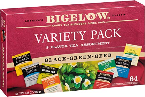 Bigelow Tea Variety Pack 8 Flavor Assortment 64-Count Boxes (Pack of 6) Caffeinated Individual Green and Black Tea Bags, for Hot Tea or Iced Tea, Drink Plain or Sweetened with Honey or Sugar