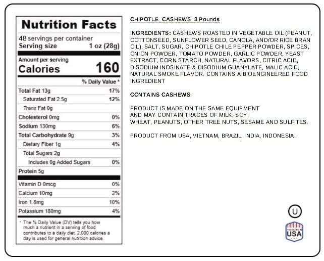 Hot & Spicy Chipotle Flavored Cashews 3 Pound Resealable Pouch | Bold & Crunchy Snack | Gourmet Seasoned Nuts | Perfect for Parties & Gifting | Jaybee's Nuts