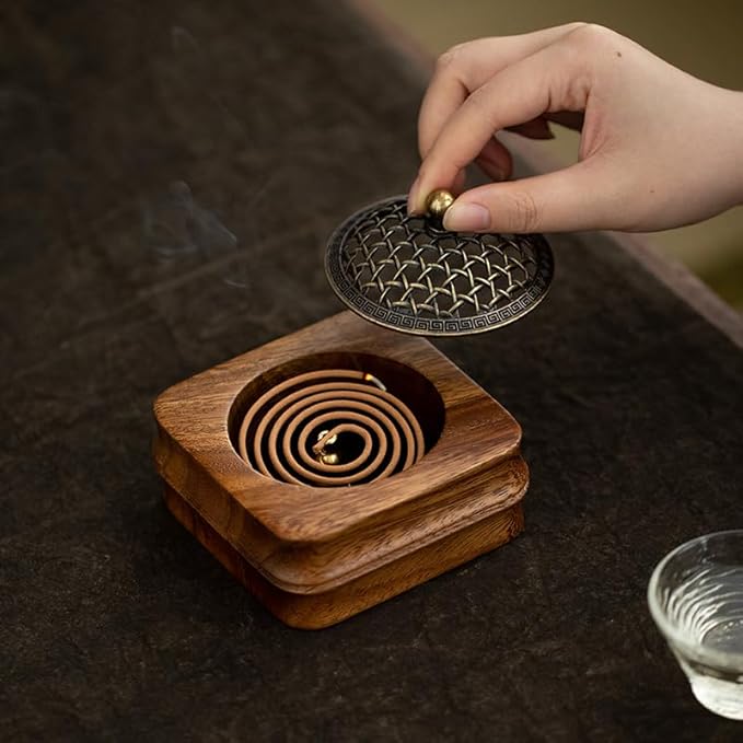 Bamboo Node Walnut Wood Incense Burner Holder - 4" Handcrafted Square Censer with Alloy Lid for Sticks/Cones/Yoga & Meditation (Natural Wood, Zen Home Décor)