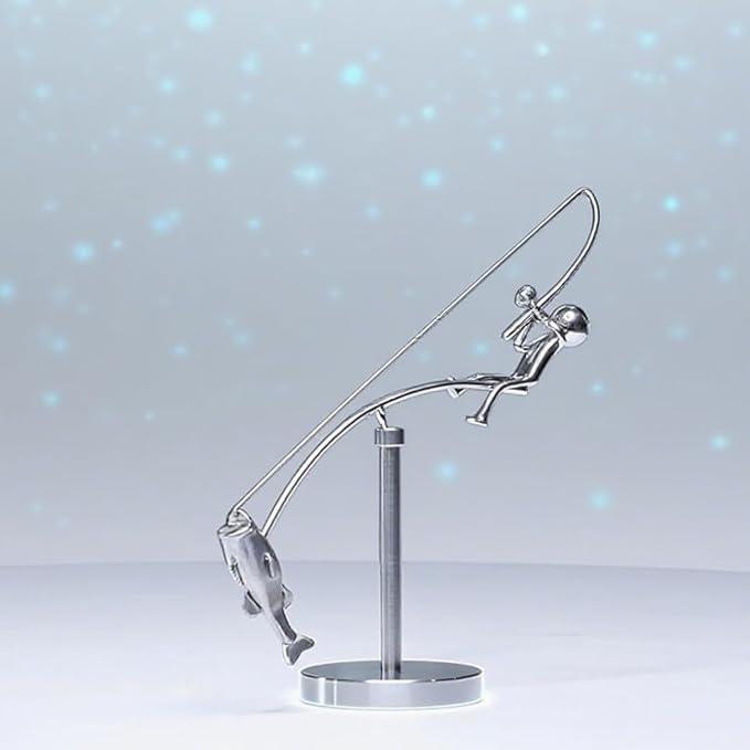 Kinetic Fishing Sculpture - Balance Art for Your Space, Kinetic Fishing Sculpture, Fisherman Home Decoration, Stainless Steel Balance Physics Toy (1PC*Silver)