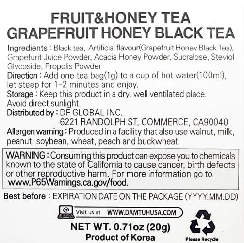 Damtuh Grapefruit Honey Black Tea – Fruity & Sweet Herbal Tea Blend, 20 Tea Bags (1g each)