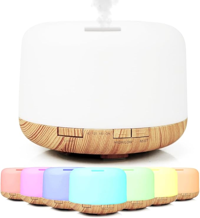 500ml Premium Essential Oil Diffuser,Quiet 4-in-1 Ultrasonic Aromatherapy Humidifier,7 Color LED Lights,with Adjustable Automatic Timer Off Function and Spray Mode. (Light Woodgrain, Basic Edition)