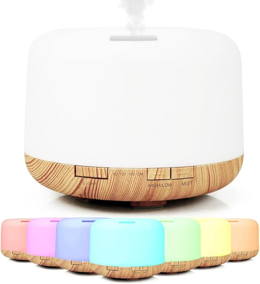 500ml Premium Essential Oil Diffuser,Quiet 4-in-1 Ultrasonic Aromatherapy Humidifier,7 Color LED Lights,with Adjustable Automatic Timer Off Function and Spray Mode. (Light Woodgrain, Basic Edition)