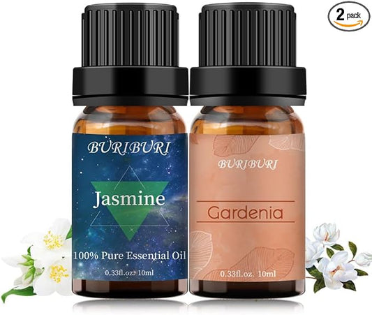 BURIBURI Jasmine Oil and Gardenia Essential Oils Gift Set, 100% Pure, Undiluted, Natural, Organic Aromatherapy Jasmine Essential Oils for Diffuser, Massage, 10MLx2