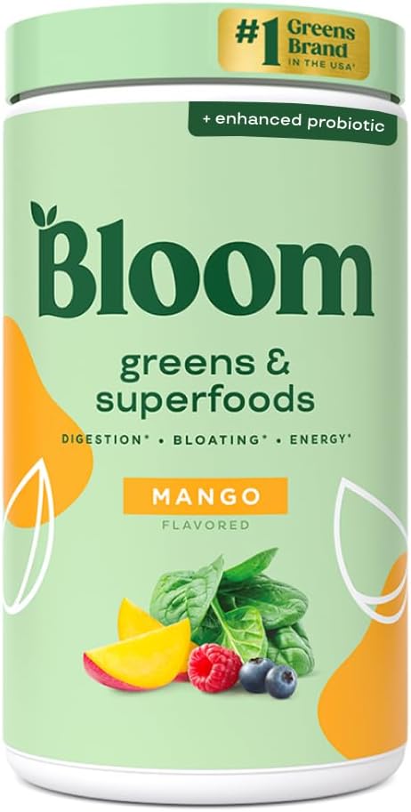 Bloom Nutrition Superfood Greens Powder, Digestive Enzymes with Probiotics and Prebiotics, Gut Health, Bloating Relief for Women, Chlorella, Green Juice Mix with Beet Root Powder, 60 SVG, Mango
