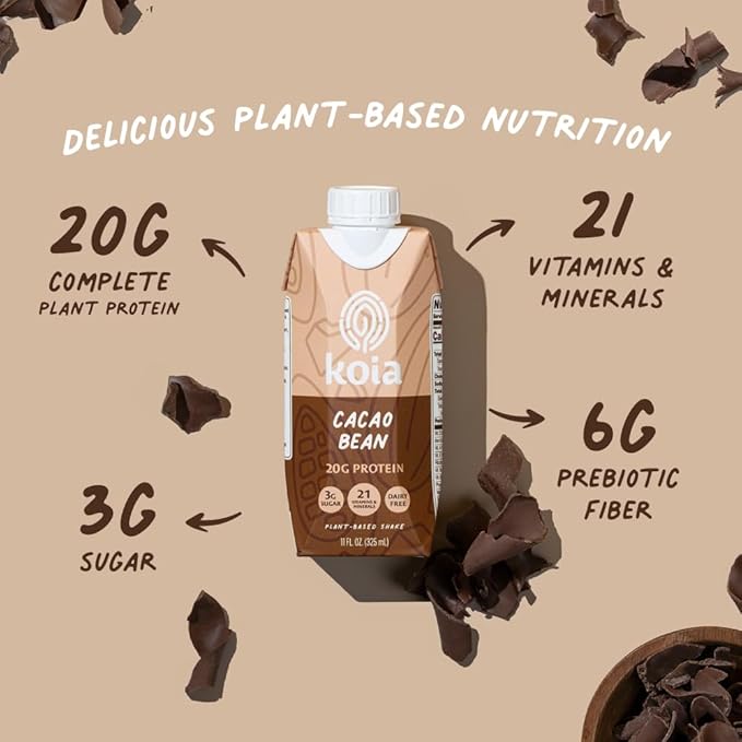 Koia Plant Based Protein Shake, Cacao Bean, 20g Protein, 3g Sugar, 6g Prebiotic Fiber, 21 Vitamins & Minerals, Meal Replacement Drinks, Dairy-Free, Gluten-Free, Non-GMO, 11 Fl Oz (Pack of 12)