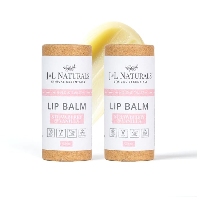 J&L Naturals Sustainable Lip Balm | Organic Ingredients, 100% Natural, Eco-Friendly | Cruelty Free, Vegan, Paraben Free, Silicone Free (Strawberry & Vanilla, 2-Piece Duo)