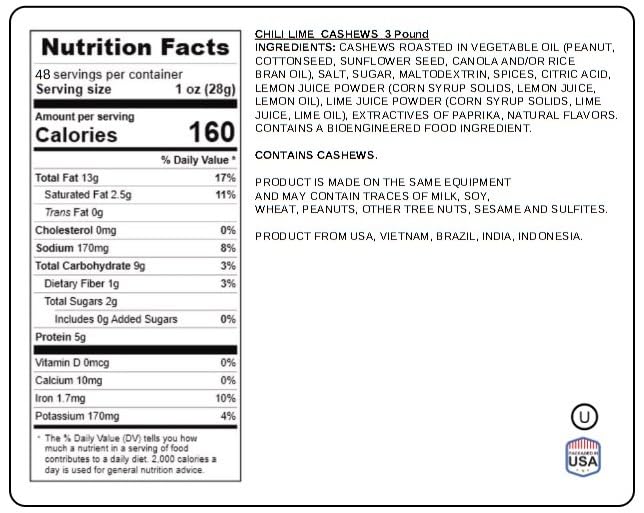 Chili Lime Cashews 3 Pounds - Spicy & Tangy Flavored Cashew | Resealable Bag | Gourmet Roasted Nuts | Perfect Snack for On-the-Go, Parties, and Gifting | High Protein | Healthy Snacking | Jaybee's Nuts