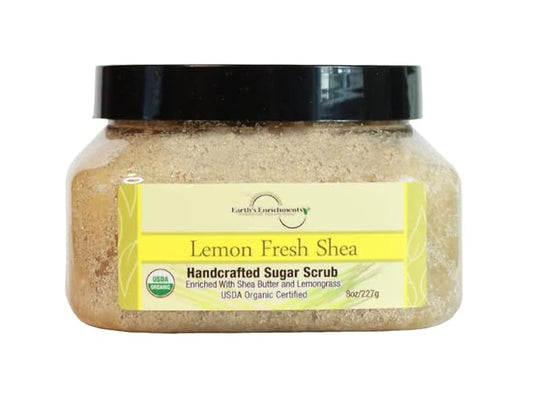 Sugar Scrub USDA Organic and Vegan, Lemongrass Body Scrub with Shea Butter, Refreshing, Gentle Exfoliant, Great for Rough, Dry Skin, Feet and Elbows, Coconut Oil and Avocado Oil, 8oz
