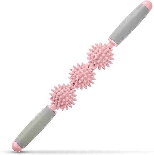 Fascia Muscle Roller, Cellulite Massager for Sore Muscles, Neck, Leg, Back - Pressure Trigger Point Body Deep Tissue Massage Stick Tools With 3 Massage Balls | Pink