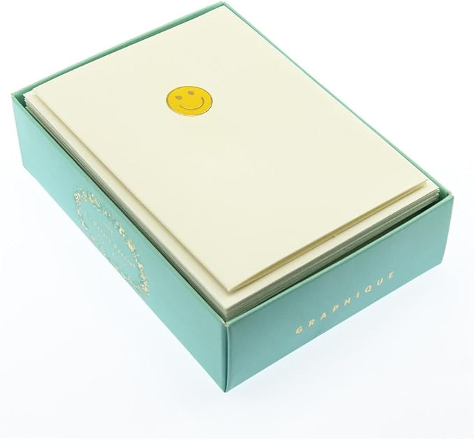 Graphique Smiley Face La Petite Presse Boxed Notecards - 10 Embossed and Embellished Gold Foil Yellow Smiley Face Emoji Blank Cards with Matching Envelopes, 3.25"" x 4.75""" (L1333CB)