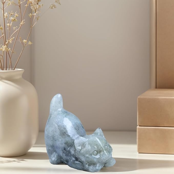 Moonstone Cat Crystal Statue Healing Crystal Reiki Meditation Pocket Gem Guardian Sculpture Home Study Table Desk Decor Collection Gift for Loved Ones