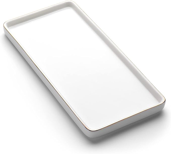 Gurygo 10" Bathroom Tray, Ceramic Vanity Trays for Bathroom, Small Ceramic Tray, Kitchen Soap Trays for Kitchen Counter (White with Gold-Edged, 10",Set/1)