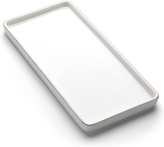 Gurygo 10" Bathroom Tray, Ceramic Vanity Trays for Bathroom, Small Ceramic Tray, Kitchen Soap Trays for Kitchen Counter (White with Gold-Edged, 10",Set/1)