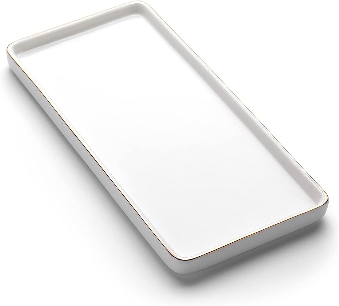 Gurygo 8" Bathroom Tray, Ceramic Vanity Trays for Bathroom, Small Ceramic Trays, Kitchen Soap Tray for Kitchen Counter (White with Gold-Edged, 8",Set/1)