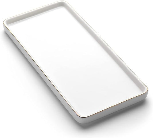 Gurygo 8" Bathroom Tray, Ceramic Vanity Trays for Bathroom, Small Ceramic Trays, Kitchen Soap Tray for Kitchen Counter (White with Gold-Edged, 8",Set/1)