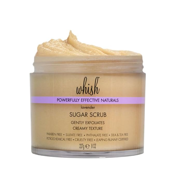 Whish Beauty Lavender Exfoliating Sugar Scrub - Body Scrub for Women - Brown Sugar Exfoliator with Raspberry, Aloe, & Shea Butter - Gentle on All Skin Types - Paraben & Sulfate Free - 8 oz