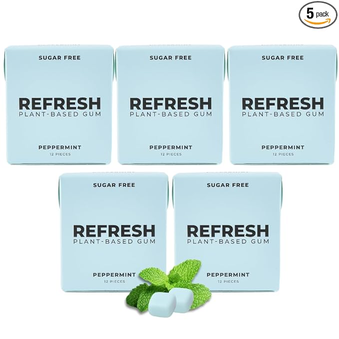 Refresh Gum, Xylitol, Natural, Sugar Free, Chewing Gum, Plastic Free, Natural Flavors & Organic Ingredients, Non GMO, Gluten Free, Vegan, 12 Count (Pack of 5), Peppermint